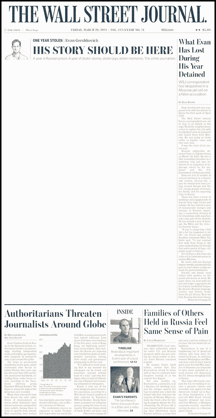 Image of the front page of the Wall Street Journal marking one year since Evan Gershkovich was detained in Russia