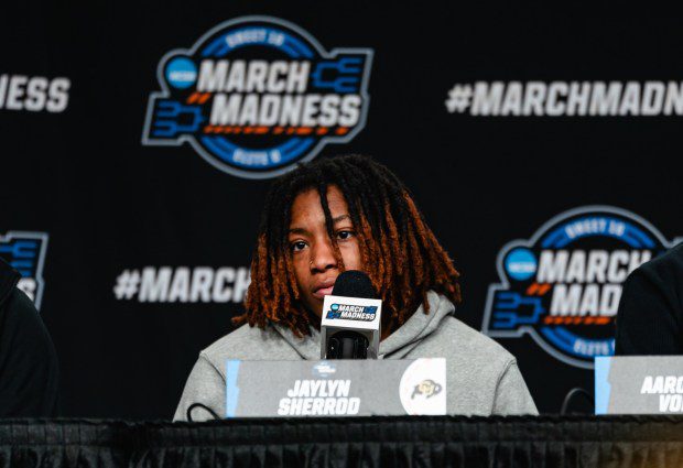 Colorado senior Jaylyn Sherrod during a press conference on March 29, 2024, at MVP Arena in Albany, N.Y., before a Sweet 16 matchup with Iowa. (CU Athletics)