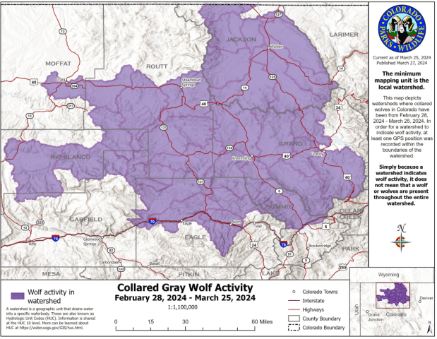 A map released by Colorado Parks and Wildlife shows collared wolf activity detected by watershed in the mountains 