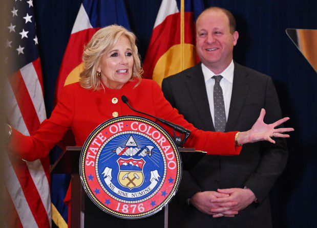 On the first stop of the First Lady's four-state Investing in America tour, Dr. Jill Biden joined Governor Jared Polis at the Colorado Capitol on April 3, 2023, in Denver. Dr. Biden highlighted the bipartisan support of state officials who are prioritizing investments in free workforce training programs, including those at community colleges. (Photo by RJ Sangosti/The Denver Post)