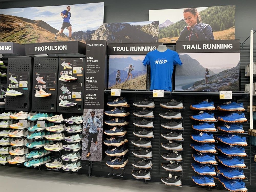 Decathlon has opened its first flagship store in B.C. at Metropolis at Metrotown in Burnaby. Men's running shoes on display.