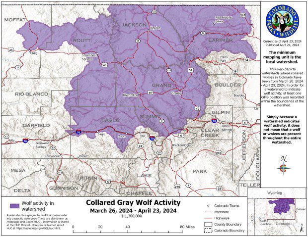 A map released by Colorado Parks and Wildlife shows collared wolf activity