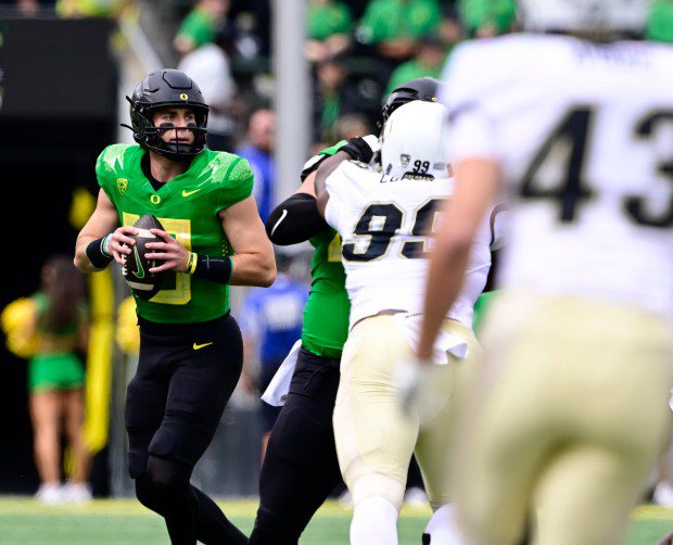 Oregon Ducks quarterback Bo Nix (10) looks downfield under pressure from the Colorado Buffaloes defense in the first quarter at Autzen Stadium in Eugene, Oregon on Sept. 23, 2023. (Photo by Andy Cross/The Denver Post)
